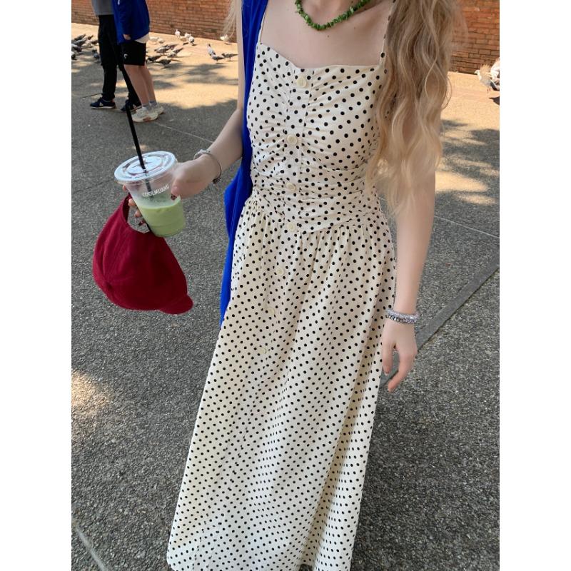 

Женское платье в горошек с бретельками, летнее платье для отдыха, платье с французской талией и складками на щиколотке M