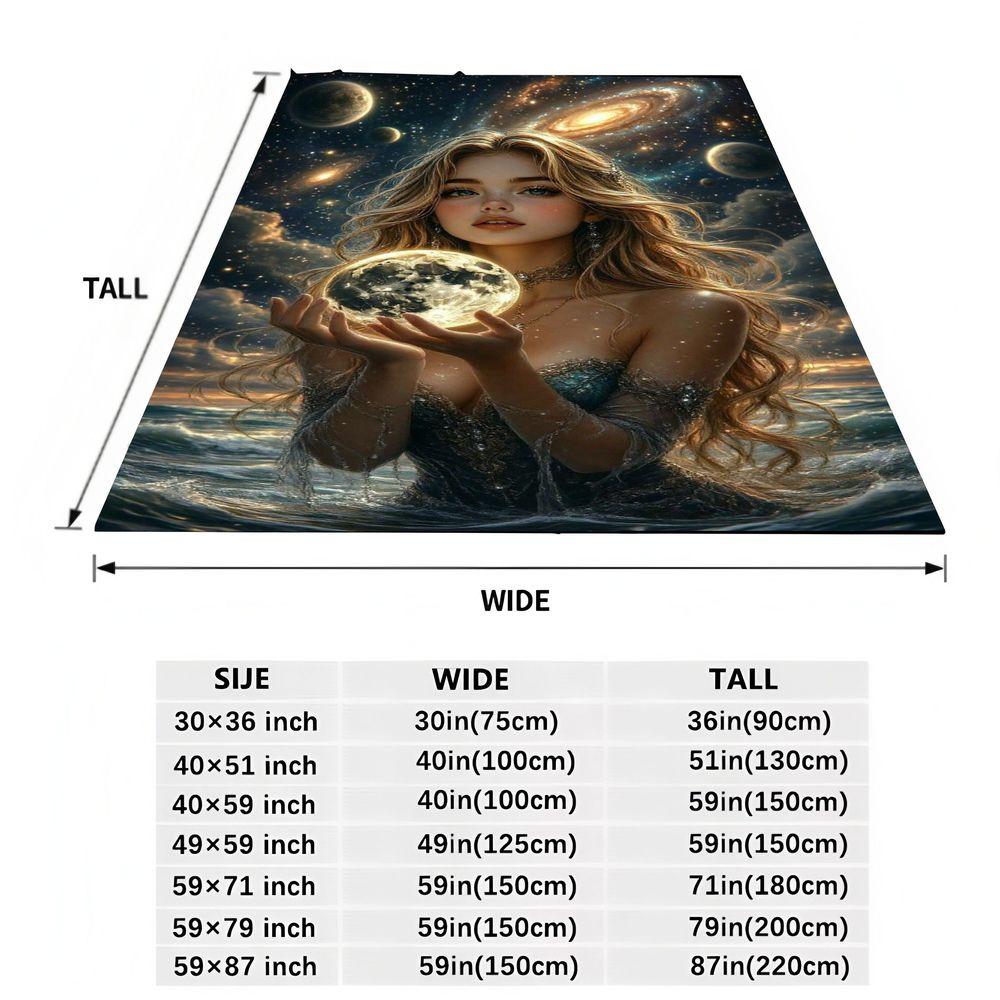 Enchanting Oceanic Fantasy Blanket - Soft Fluffy Throw Featuring a Mystic Blonde Woman Holding a Glowing Moon, Draped in a Dark