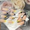 Black Yellow French Tip Press on Nails with Flower Design Long Almond Natural Glue on Nail Glossy Acrylic False Nails Reusable Artificial Stick on