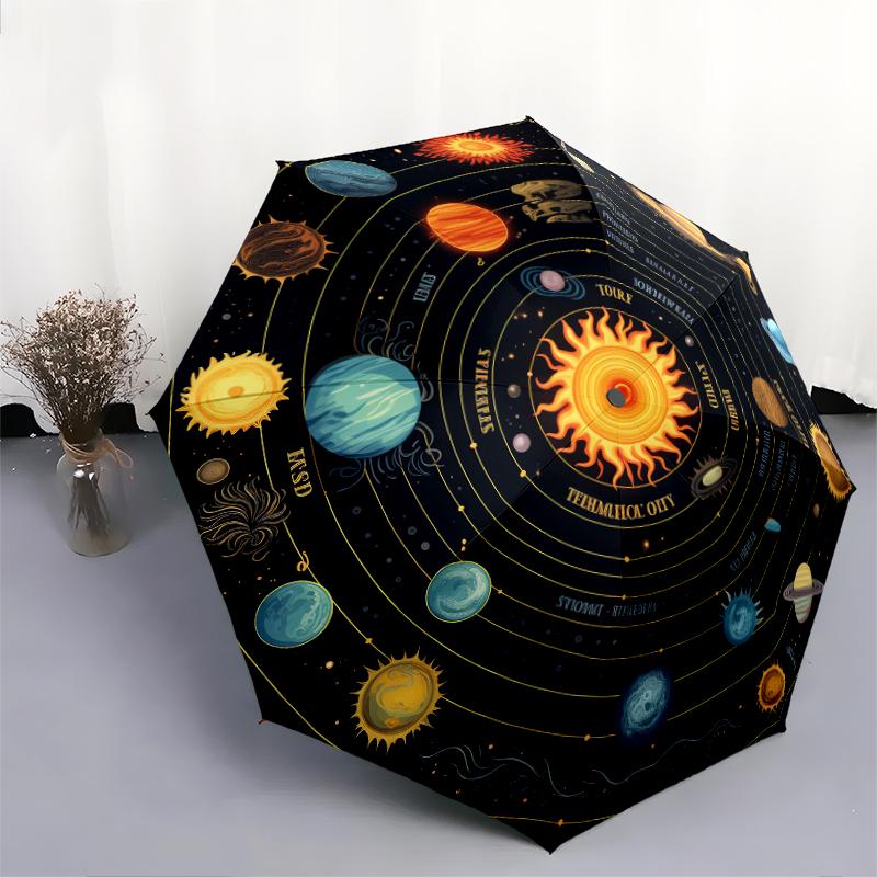 1 st Automatiskt Fällbart Paraply - Planet Sol Mönster, Bärbar & Hopfällbar Design med 8 Revben, Julklappar Födelsedagspresenter