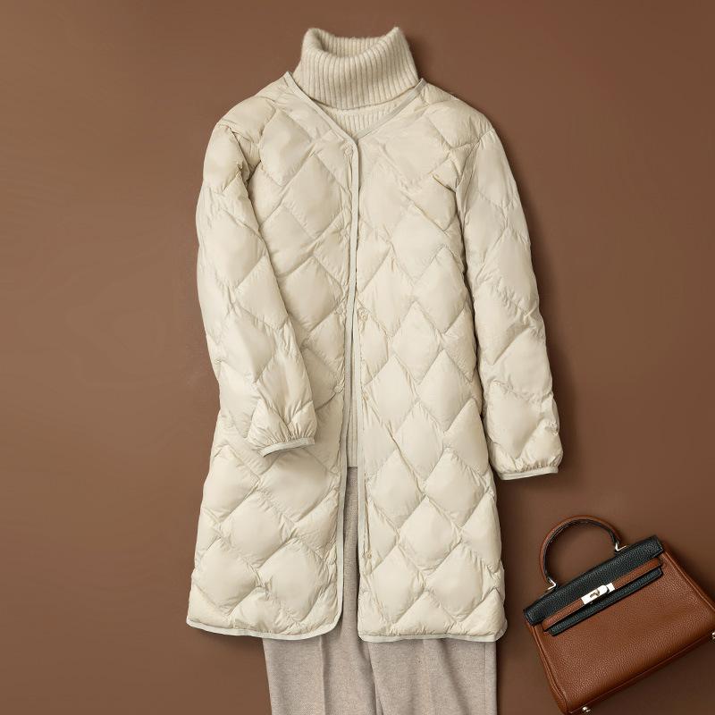 Women's Winter Medium-length Light Down Jacket Single-breasted Simple V-neck Jacket