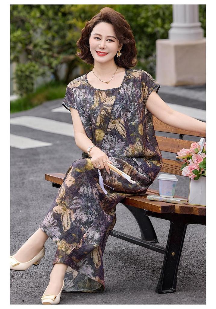 Elegant Plus Size Summer Short Sleeve Two-Piece Set for Middle-Aged Women 2026