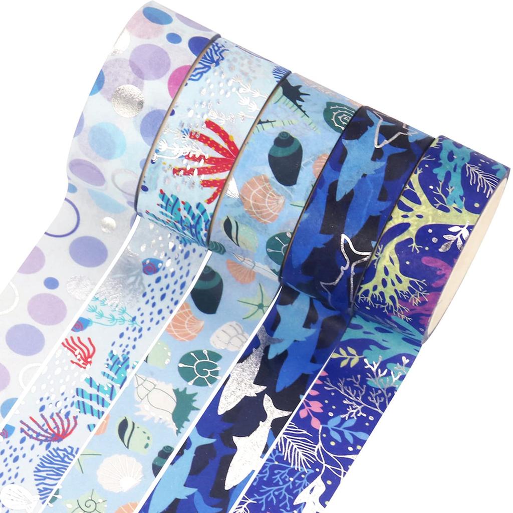 YUBX Masking Tape Set Washi Paper Ocean Blue with Silver Foil for DIY and Gift Decoration 10-Piece - Tape, Stamping, Crafts, Journals, Planners,