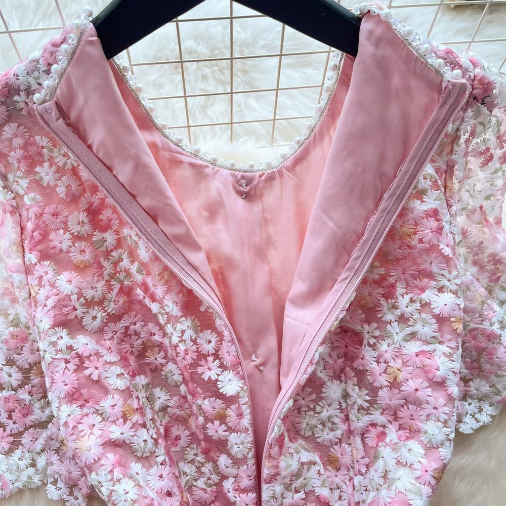Elegant Beaded Short Sleeve Flower Lace Dress Women's Formal Evening Embroidery Crochet Hollow Out Long Party Dress