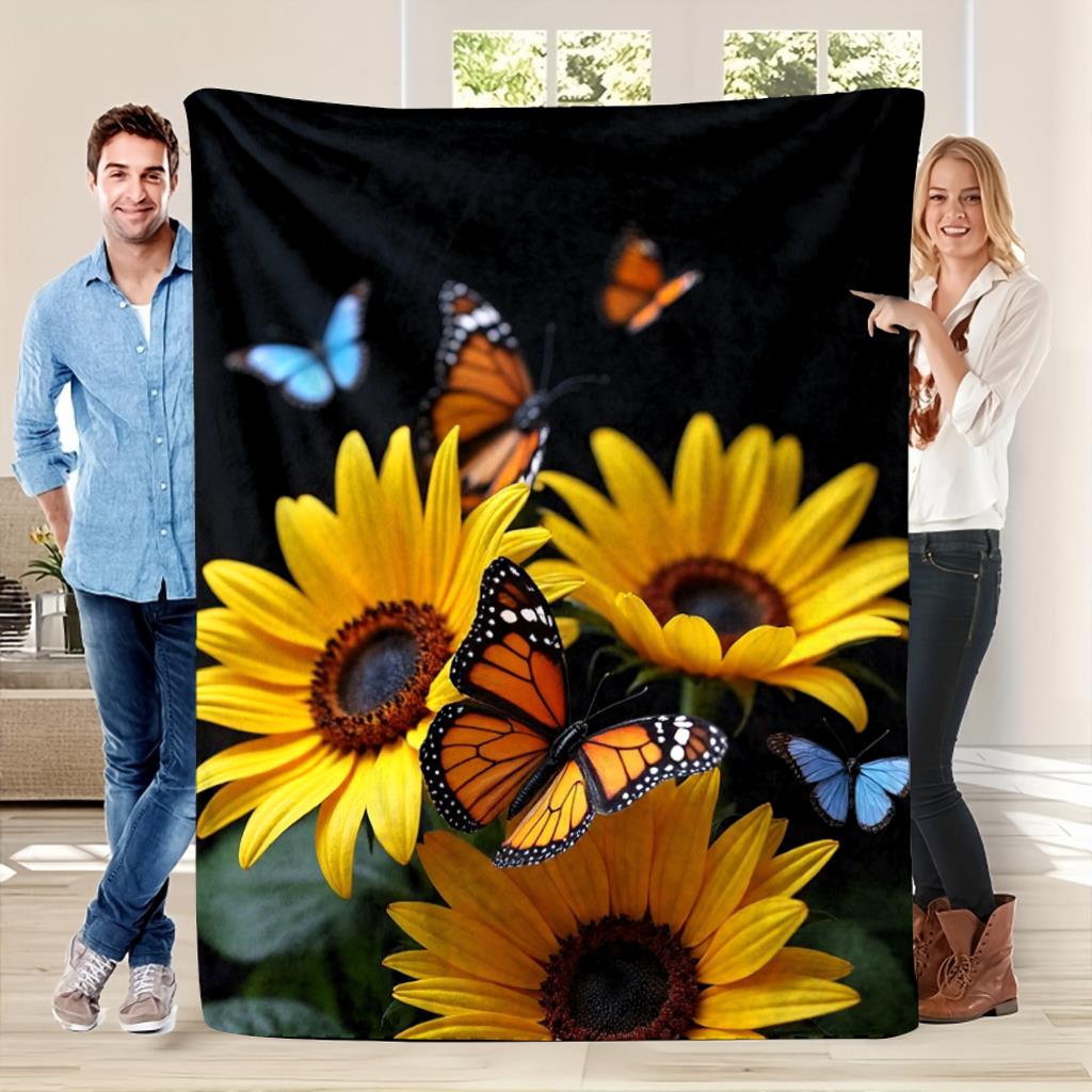 Yellow Sunflower Blanket Colorful Butterflies Design Soft Fleece Throw Cozy Bedding Decor For Spring Summer Season Gift Ideas