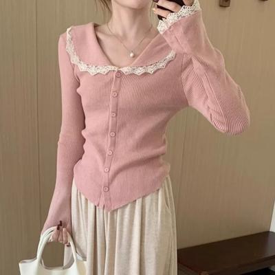 Herfst Zoete Kant Omgeslagen Kraag Gebreide Vesten Dames Slim Fit Winter Casual Dames Vest Truien Vintage Effen Wijde Mouw Trui 26061