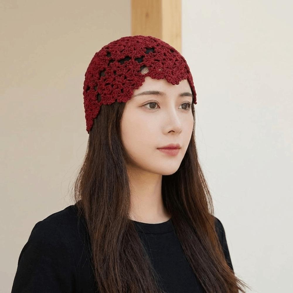 Handmade Knit Skullies Caps Solid Color Beanies Cap Ethnic Style Crochet Flower Hat Ladies