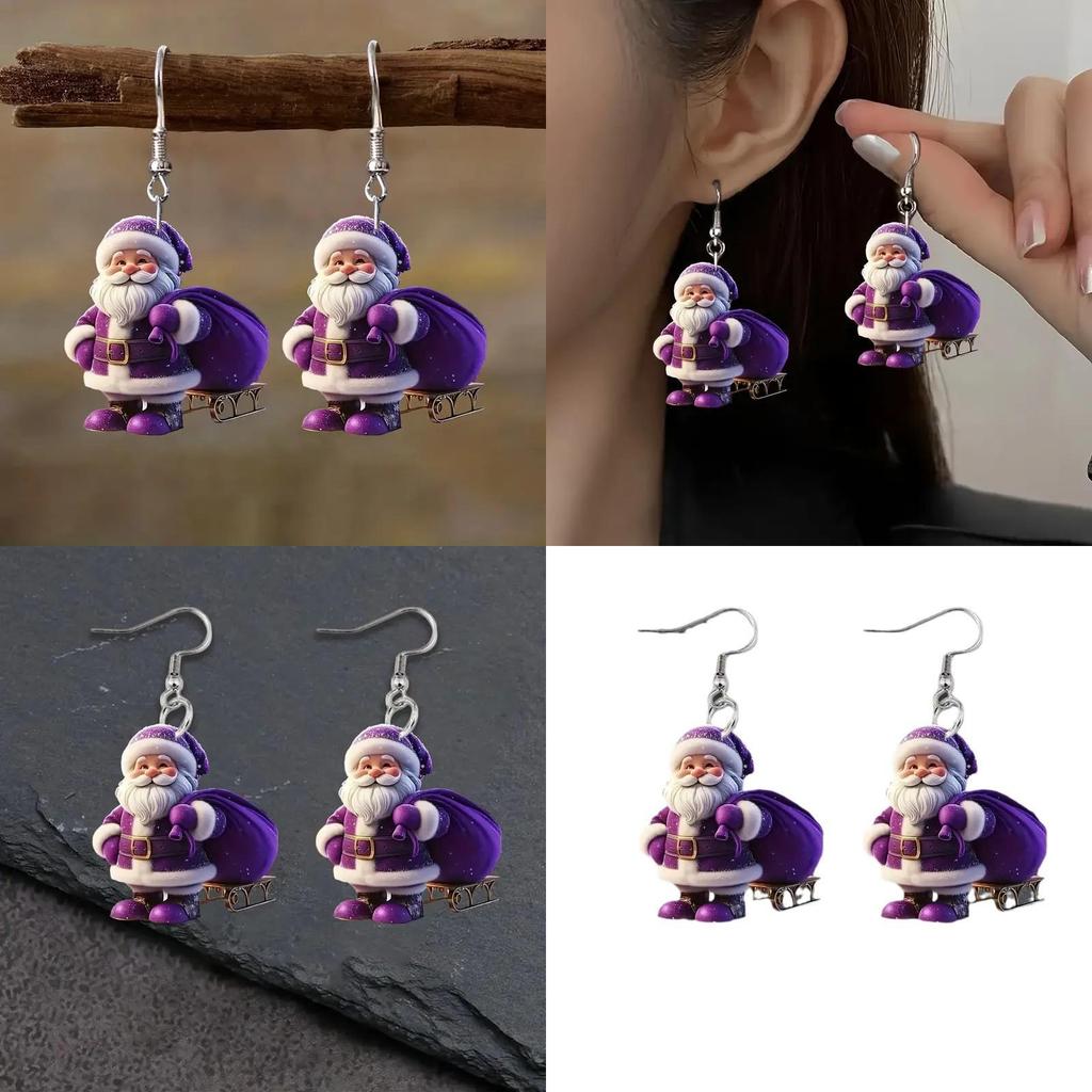 Festive Santa Acrylic Dangle Earrings With Print Technique For Christmas Parties