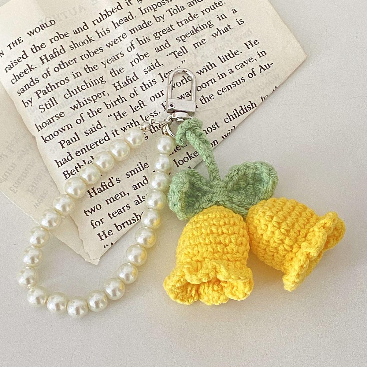 Lily of the Valley Wool Knitted Keychain with Pearl Flower Crochet Charm