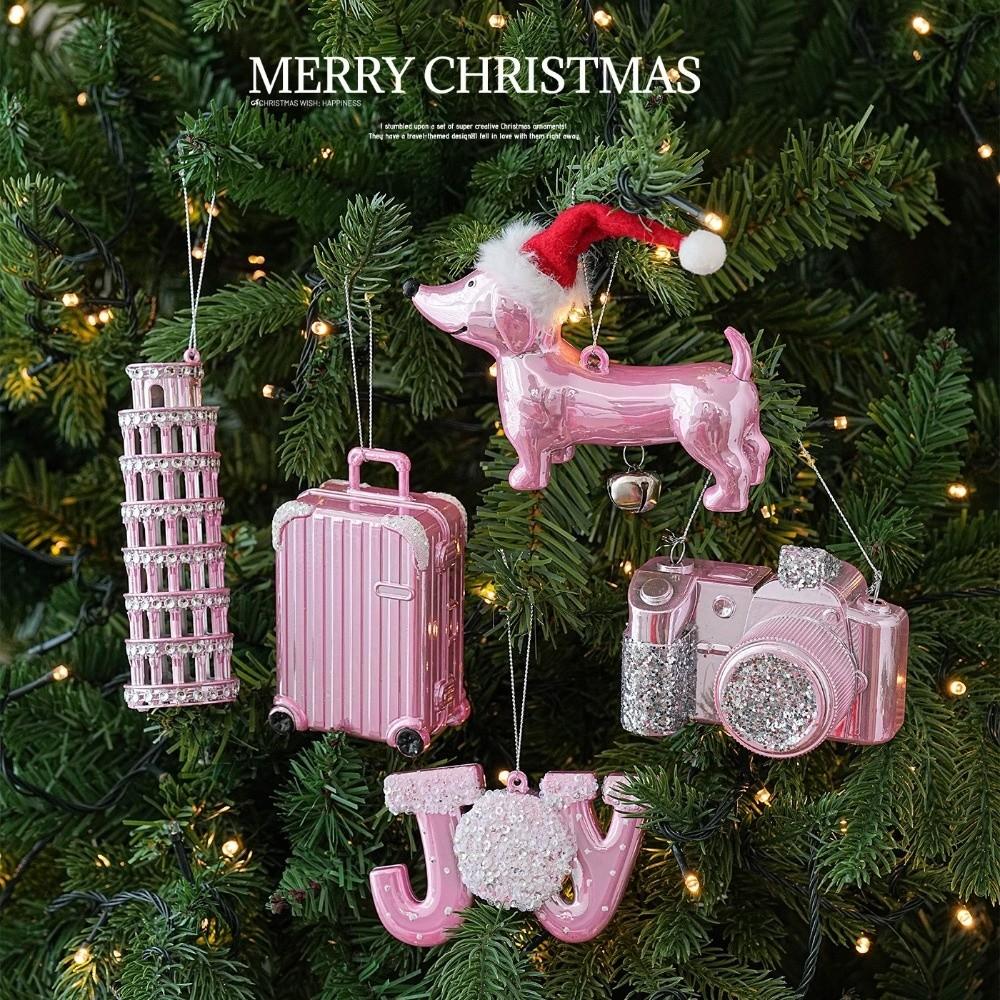 Plastic Christmas Tree Ornament Glossy Pink Finish Xmas Decor Charm Festive Scene Layout