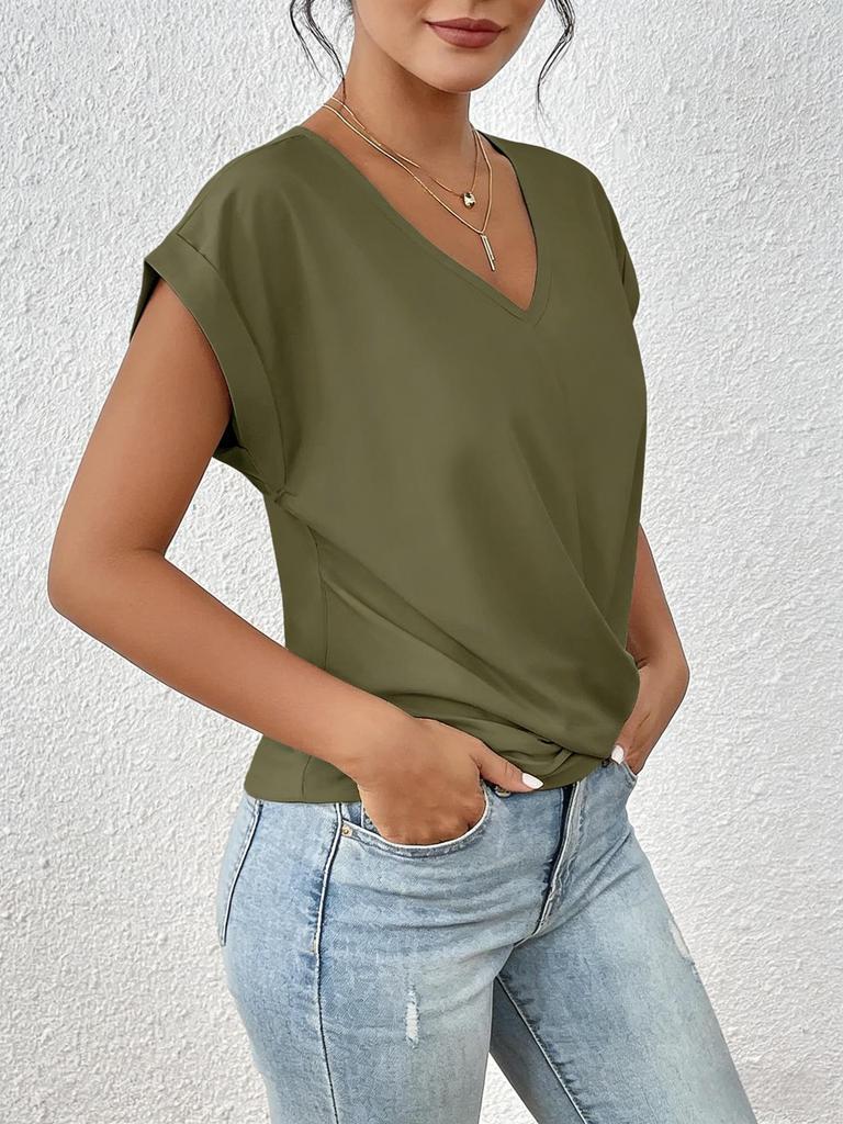 2026 Hot Sale Women's Solid Color V-neck T-shirt, Elegant Short-sleeved Top for Spring/Summer, European American Style