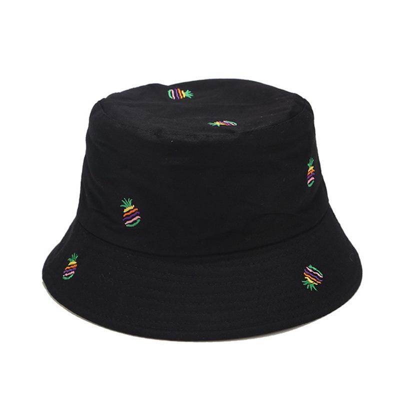 New Pineapple Embroidery Bucket Hat Unisex Double-sided Fisherman Hats Men Women Outdoor Sun Visor Travel Pot Hats