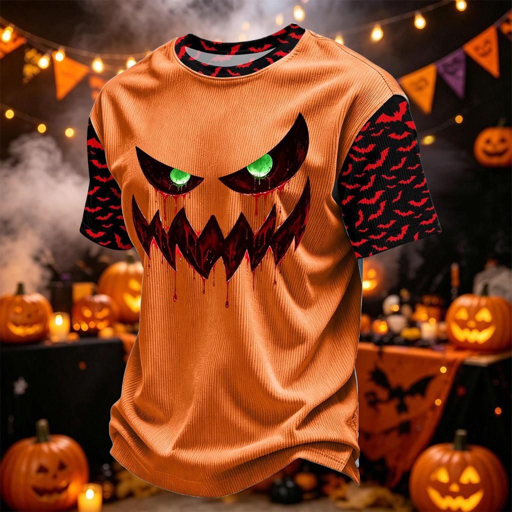 Men's Casual Corduroy Short Sleeve Crew Neck Lightweight Breathable T-Shirt Halloween Print Lettering Design