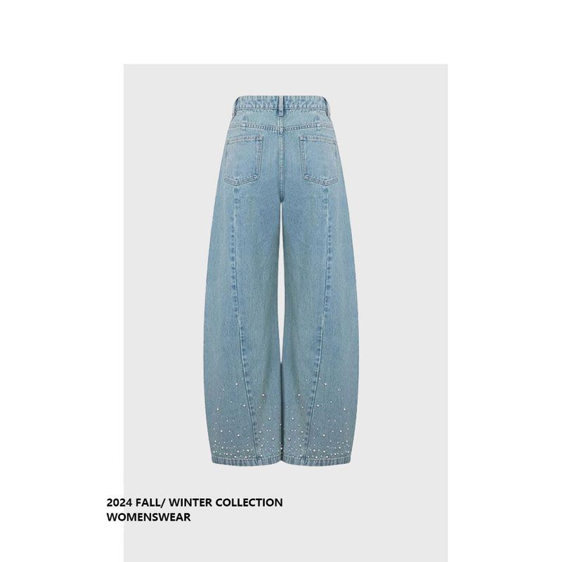 Forever 21 American Retro Blue Wide-Leg Loose Fit Curved Jeans with Pearl Embellishments, Distressed Denim, 2026 Summer New Model