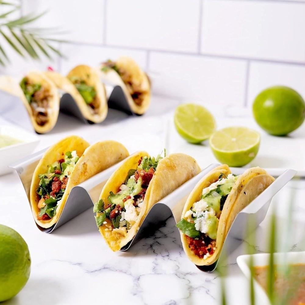 Easy-Access Handle Stainless Steel Taco Holders V-Shaped Reversible Tortilla Holder Non-Stick Stackable Sushi Holder Outdoor BBQ