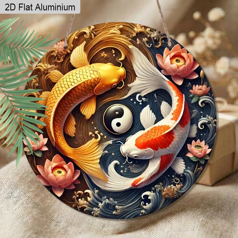 2D Flat Aluminum Koi Fish Yin Yang Round Metal Sign, Man Cave Wall Art Sign for Front Door, Easter Decor, Zen Garden Accessories & Meditation Room