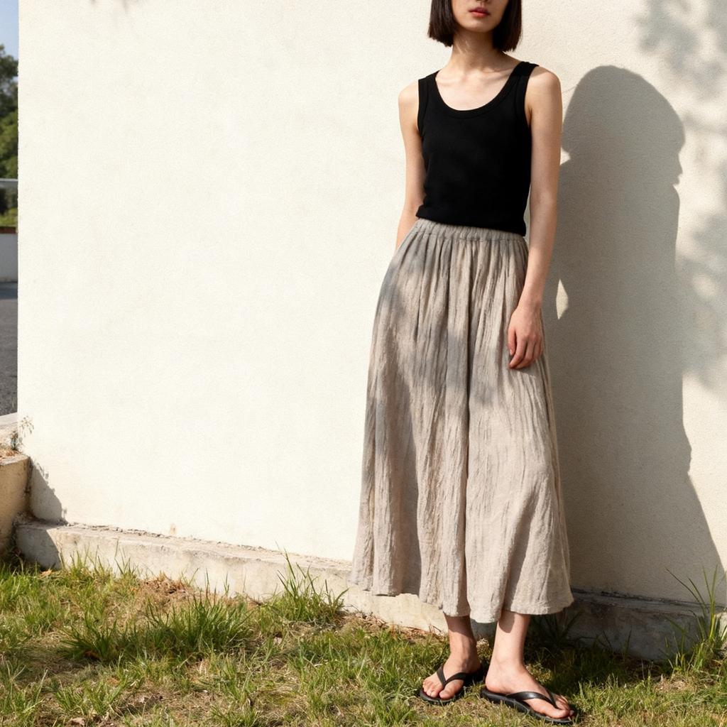 Johnature Women Skirts Summer Chinese Style Elastic Waist Solid Color Soft Female Loose A-Line Skirts