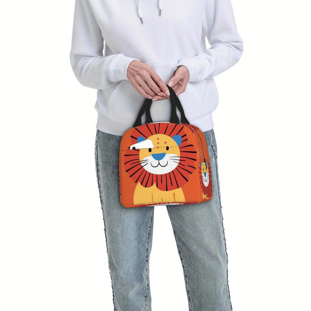 1pc Thermal Insulated Bag with Cute Lion Design Orange Background Non-Food Contact Thermal Insulation