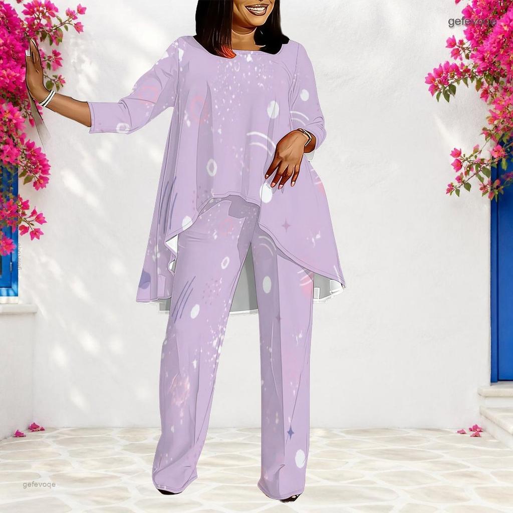Women Plus Size Round Neck Long Sleeve Blue Black Printed Layered Top Long Pants Two Piece Set