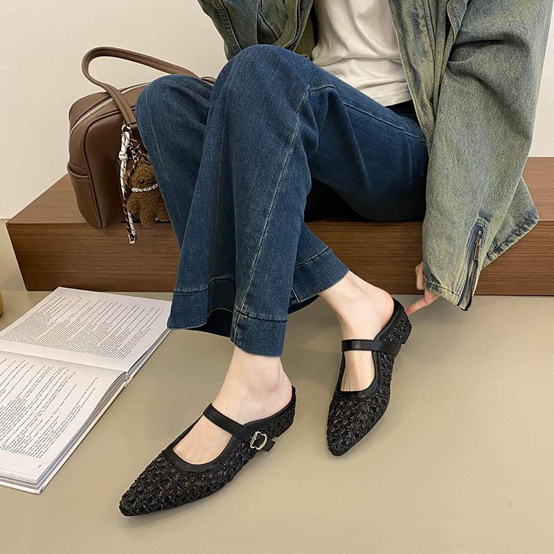 Inner height increase retro woven bag head half slippers women's shoes outer wear 2025 new summer hollow Mary Jane sandals