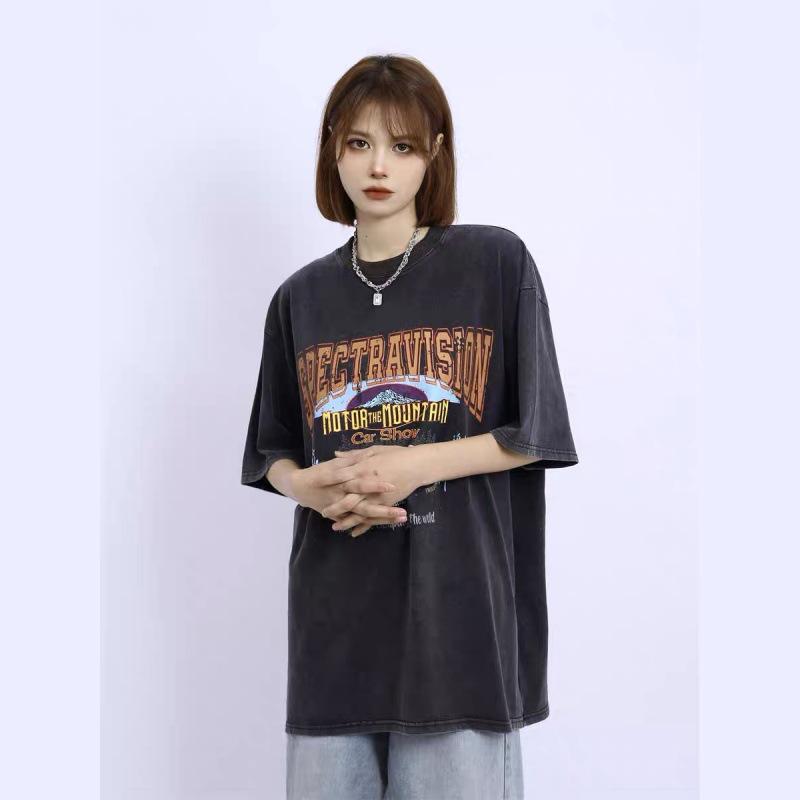 

Women s Retro Printed Cotton T-Shirt - Vintage Wash, Short Sleeve, National Tide Style, Loose Fit L