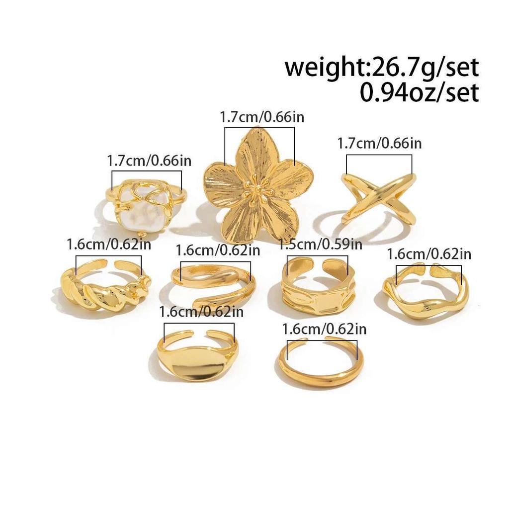 Ingemark 9Pcs/Set Vintage Elegant Imitation Pearl Flower Rings Women Creative Irregular Open Finger Ring Wedding Banquet Jewelry