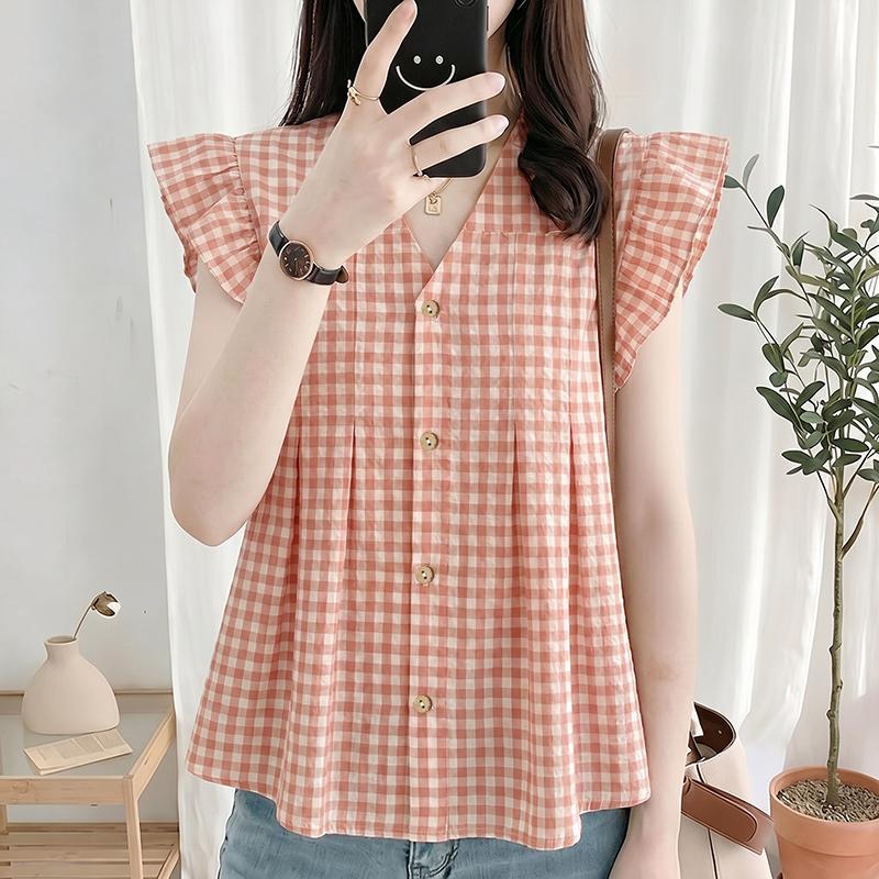 ZANZEA Women Casual V-Neck Ruffles Short Sleeve Plaid Print Blouse