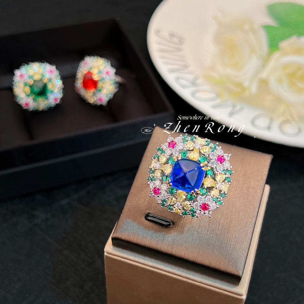 Luxury Cluster Ring Imitation Natural Emerald Candy Tower Vintage Fanta Diamond Royal Blue Ruby for Women adjustable