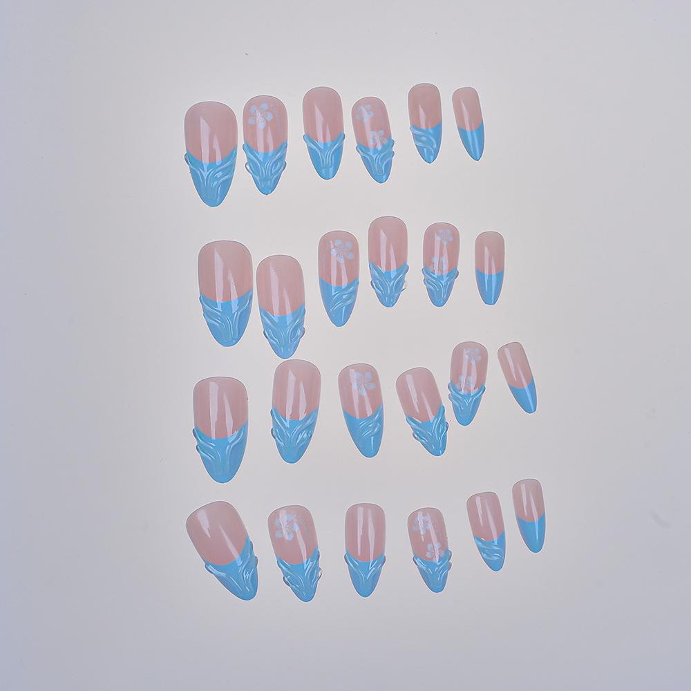 Blue Fishtail Pattern 3D Gel French Style Almond False Nails - 24 Nude Pieces