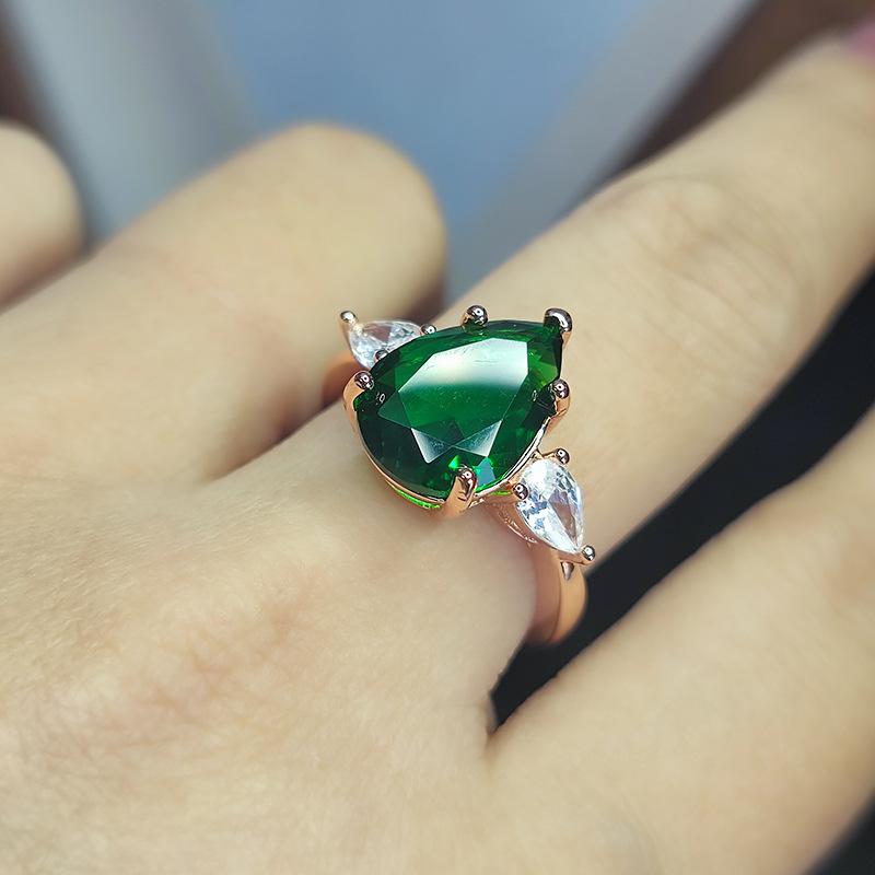 

Культивированное кольцо-капля изумруда Женское премиальное кольцо с бриллиантом открытого типа, покрытое розовым золотом, в форме груши Opening Adjustable