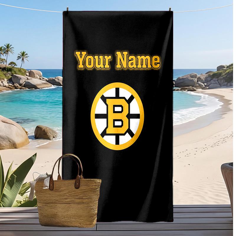 Boston Bruins Custom Beach Towel, Print Your Name Text Lightweight Absorbent Towel for Swimming Travel
