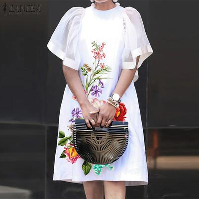 ZANZEA Women Vintage Floral Print Mesh Patchwork Short Sleeve Dress