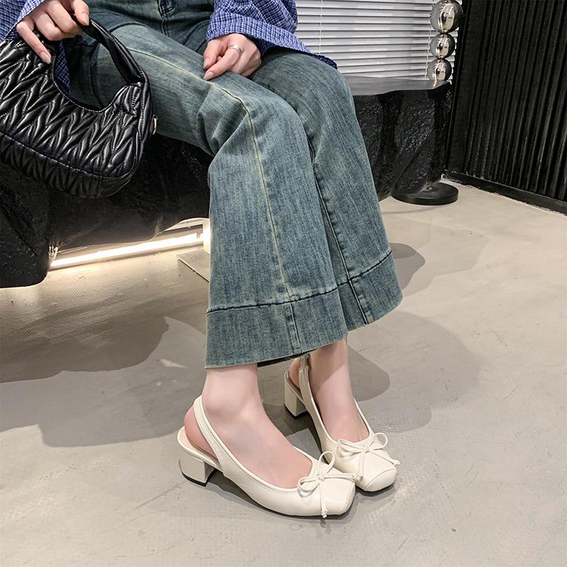 

Fashion Bow Pointed Toe Women s Sandals Elegant Mid Heels Shoes Chunky Slippers 2025 Summer Pumps Flip Flops Zapatillas De Mujer 35 бежевый