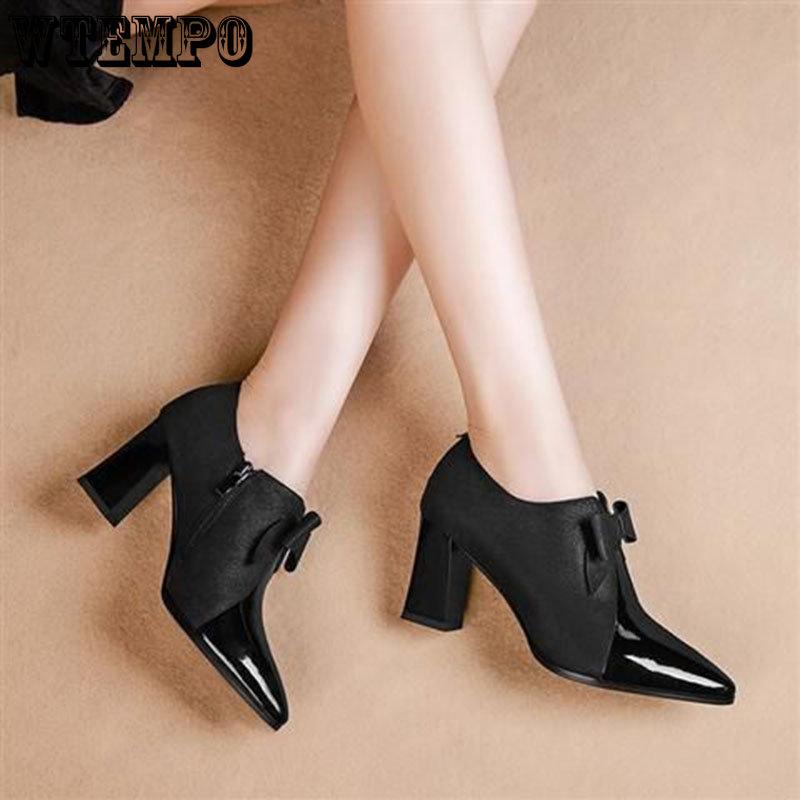 Chaussures en cuir noires à talons hauts de 4CM, bottes en cuir pointues à talon épais pour femmes, décoration papillon, chaussures de travail de tempérament et de mode