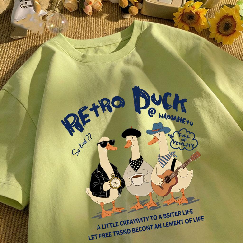 Retro Duck With Free Time Print Short Sleeve Unisex Cotton Fashion O-Neck Top Retro Basics Clothing Unisex Summer Loose Tee