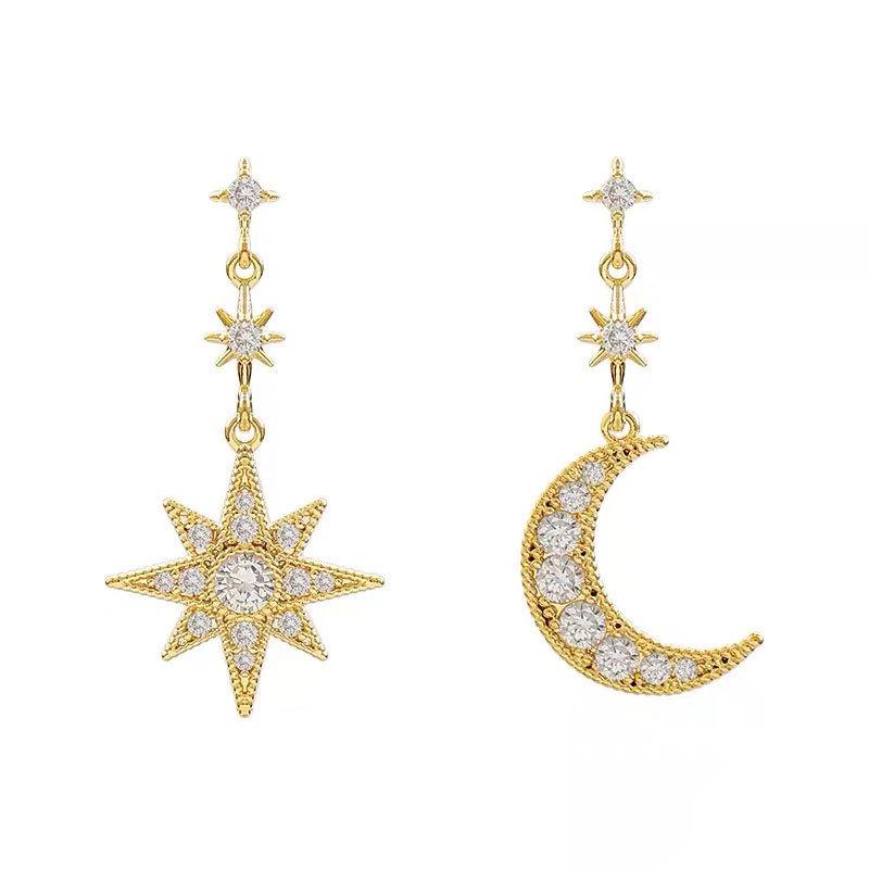 

Korean S925 Silver Star & Crescent Asymmetrical Earrings