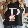 Y2k Cherry Blossom Letter Az Tshirts Unisex Pink Floral Aesthetic Alphabet Tees Short Sleeve Boho Chic Tops Mama Gifts Tshirts
