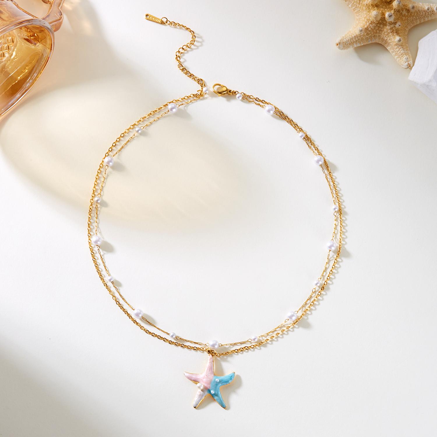 Enamel Starfish Imitation Pearl Trendy Stainless Steel Pendant Necklace for Women Bohemia Conch Shell Elegant Jewelry Sweet Gift