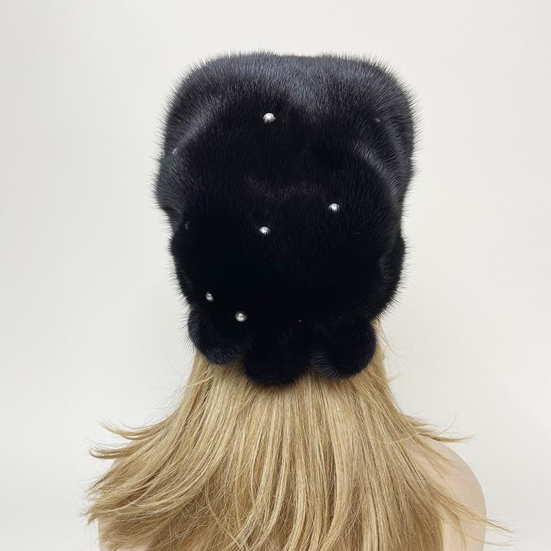 Black Women New Pear Christmas Hat Natural Mink Fur Luxury Winter Warm Balls Russian Beanie Hats
