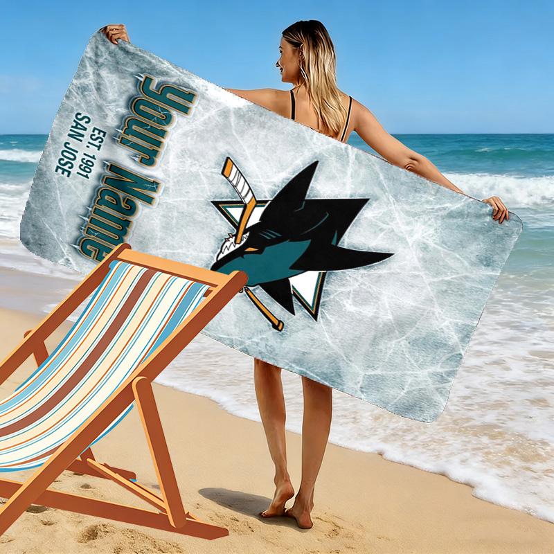 Name Custom San Jose Sharks Print Beach Towel, Large Soft Quick Dry Towel for Beach Camping Swimming