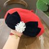 Autumn and winter bow beret woolen pearl versatile big head circumference showing face small painter hat flat top national style