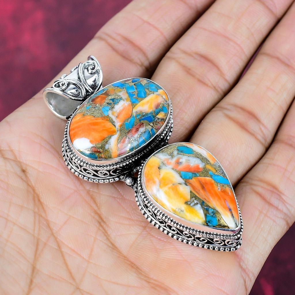 Orange Spiny Oyster Handmade Gemstone Pendant, 925 Solid Sterling Silver Pendant, For Thanksgiving