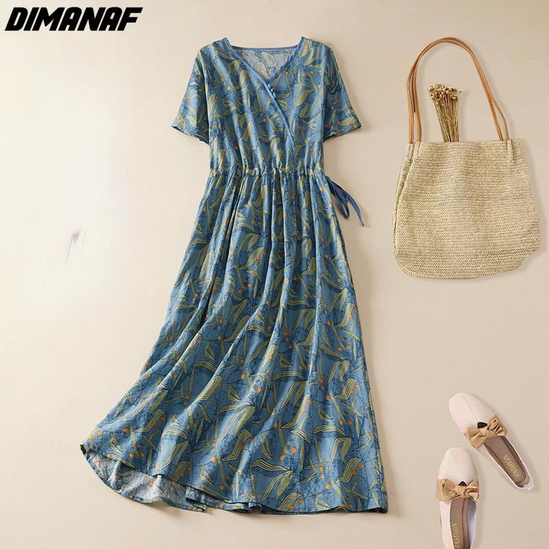 

DIMANAF Женское летнее платье Мода Белье Элегантный V-образный вырез Пояс Платье Оверсайз Свободный Повседневный Синий Зеленый