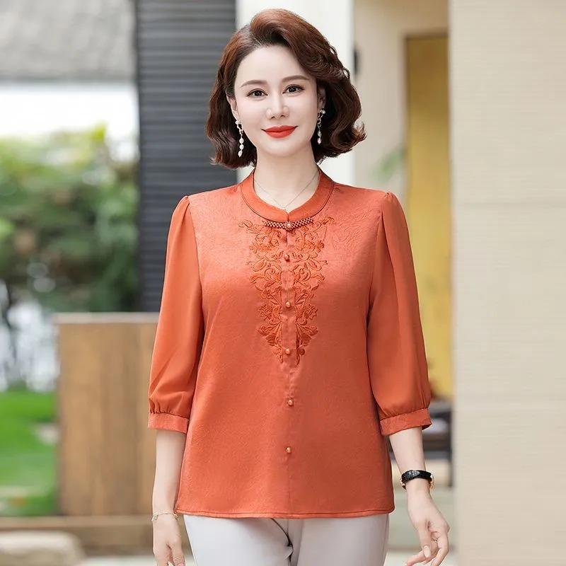 Damen Rundhals Halbarm Froschknopf Floral Schmetterling Stickerei Locker Bluse Hellgrün Lässiges Oberteil