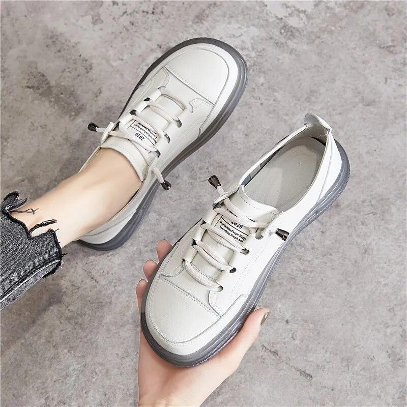 Genuine Leather Women's Flat Sneakers Large Size 35-41 Autumn Vulcanized Casual Shoes Comfortable Flats Ladies Footwear