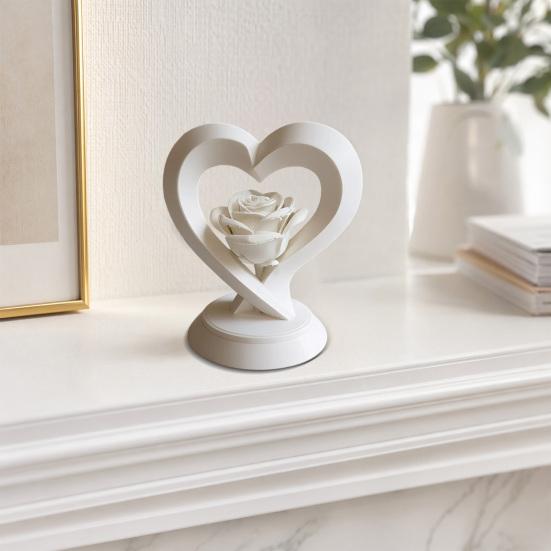 Rose Heart Figurine, 3D Printed Heart Sculpture, Romantic Decorative Ornament for Table, Shelf Centerpiece
