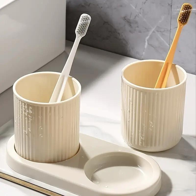 1set Solid Color Mouthwash Cup With Tray, Couple Toothbrush Cup, Gargle Cup Set, Family Bathroom Tumbler, Bathroom Accessories
