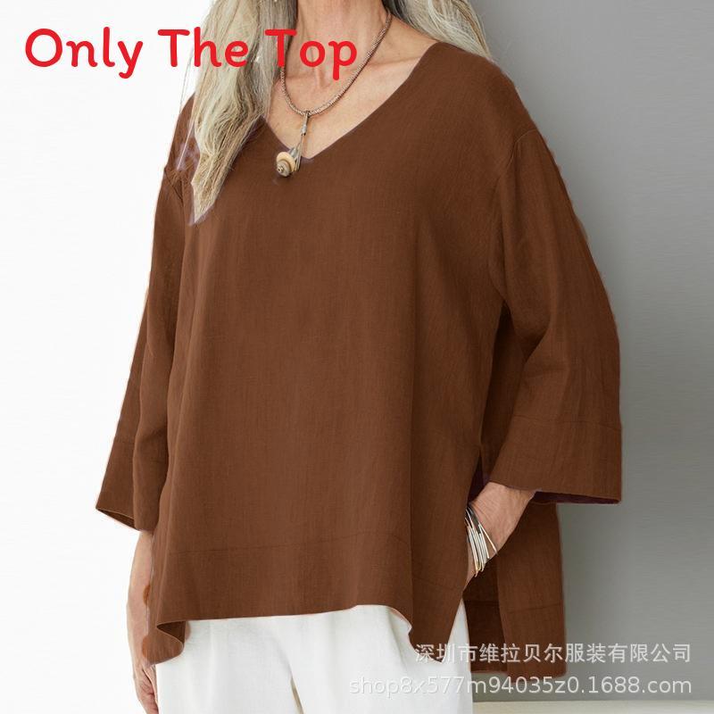 Vintage Art Style Cotton Linen Shirt With V Neck And Side Slits For Casual Wear