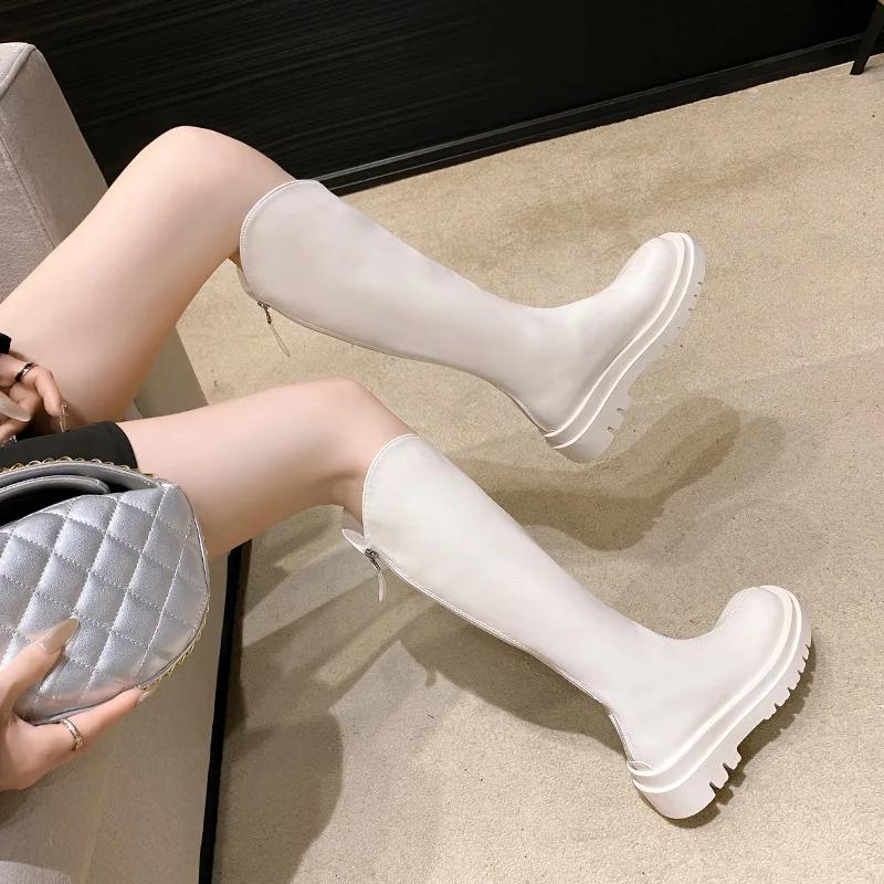 Móda Nové Dámské Vysoké Boty Módní Dámské Protiskluzové Vodotěsné Zimní Zip PU Kůže Boty po Koleno Dámské Robustní Platforma Dlouhé Boty