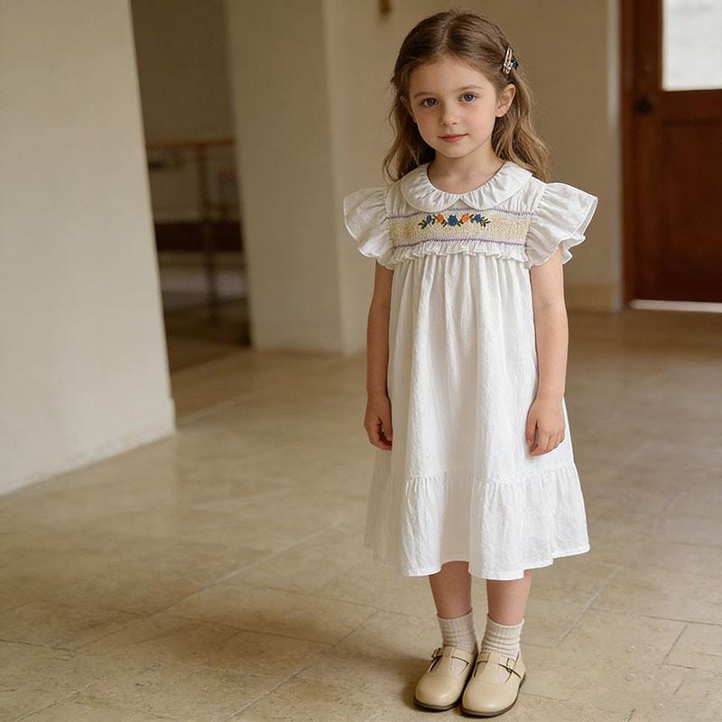 Girls Cotton Dress White Embroidered Smocked Sleeve Princess Kids Party